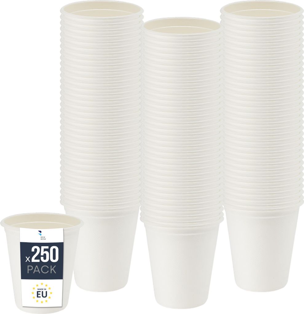 BenBow Einwegbecher aus Zuckerrohr, Weiß, 250 ml x 250 – Besser als Pappbecher, Umweltfreundlich, Ideal für Partys oder Kaffee