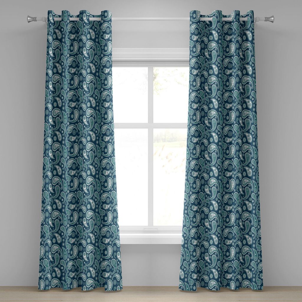 ABAKUHAUS Vintage Blue Ösenvorhang, Nahöstliches Paisley-Muster Curvy Motive mit Blumendetails, Dekorative 2-Panel-Fenstervorhänge, 280 cm x 225...