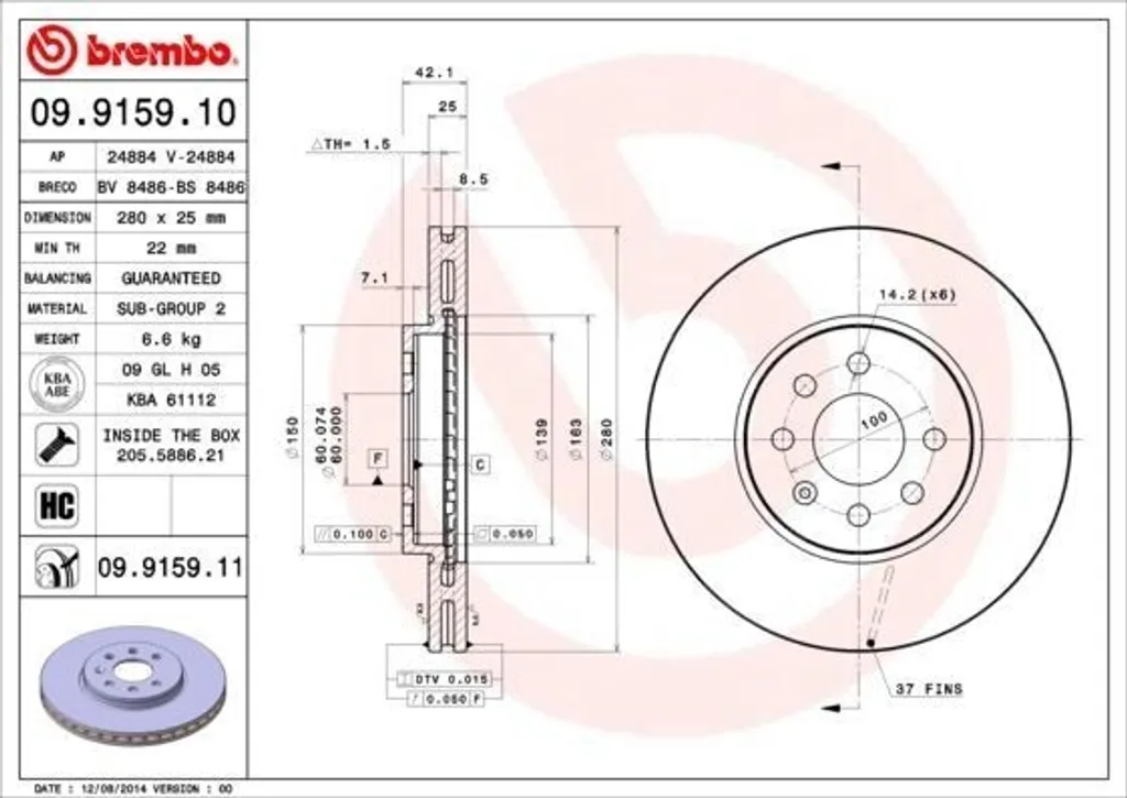 Disque de frein BREMBO 09.9159.10 pour Opel Meriva et Combo Tour
