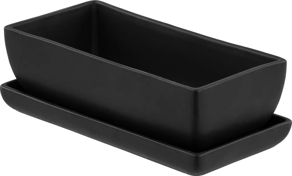 Pot à cactus rectangulaire noir mat style glamour chic avec soucoupe