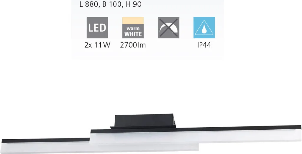 Plafonnier LED Salle de Bain IP44 PALMITAL Noir Satiné 880mm 3000K
