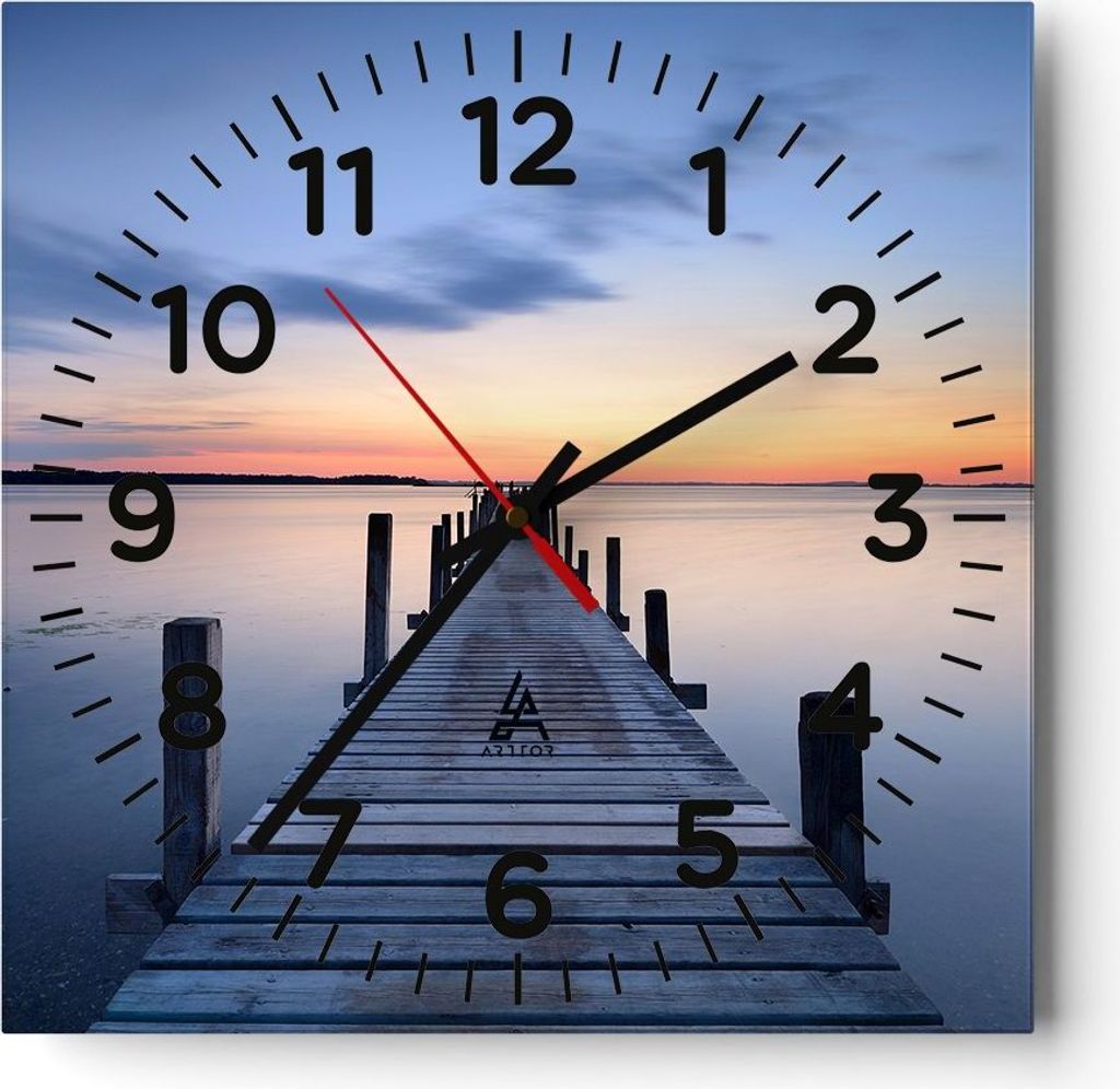 Wanduhr - Quadrat - Glasuhr - Sonnenuntergang See Wasser Brücke - 40x40cm - Schleichendes Uhrwerk - Lautlos - zum Aufhängen bereit - Dekoration M...