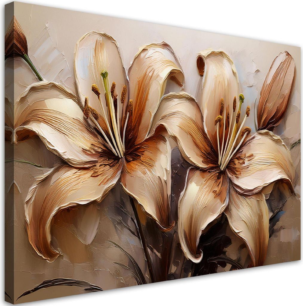 Leinwandbild Lilien Glamour Blumen Sepia Beige 120x80 Feeby Beige bild für die wand bereit zum aufhängen