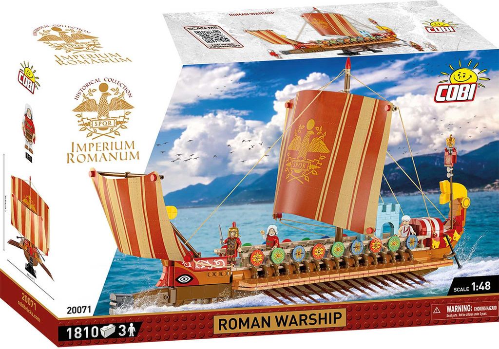 The image shows the packaging of a COBI Roman Warship building block set. The packaging features a dynamic illustration of the assembled model on the water, with mountains and a cloudy sky in the background. Various logos, product details, and branding ele