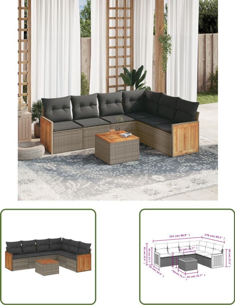 The Living Store 7-tlg. Garten-Sofagarnitur mit Kissen Grau Poly Rattan