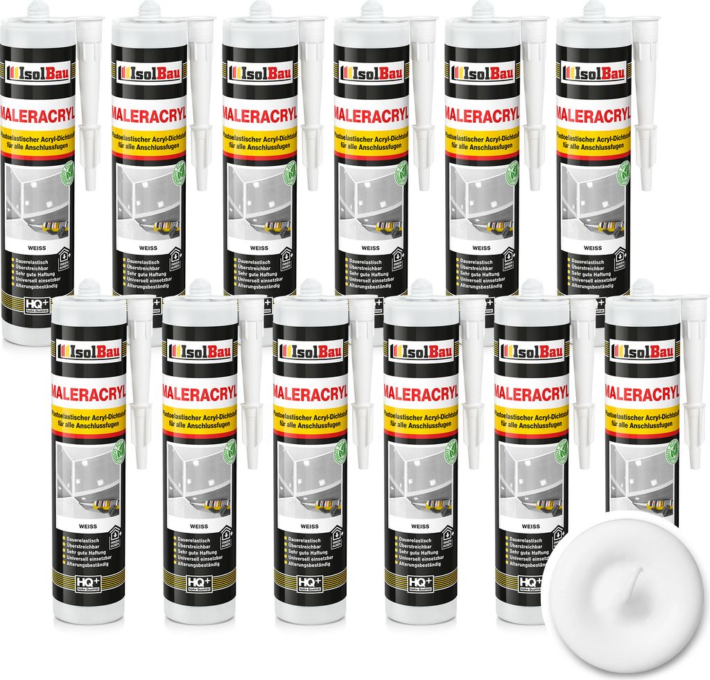 Isolbau Maleracryl 12 x 300 ml Weiß - Plastoelastischer Acryl-Dichtstoff zum Abdichten von Fugen im Innen- & Außenbereich - Kartusche