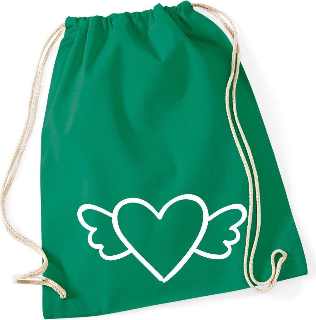 Huuraa Turnbeutel Herz mit Flügeln 12 Liter Kelly Green Baumwolle Rucksack Geschenkidee