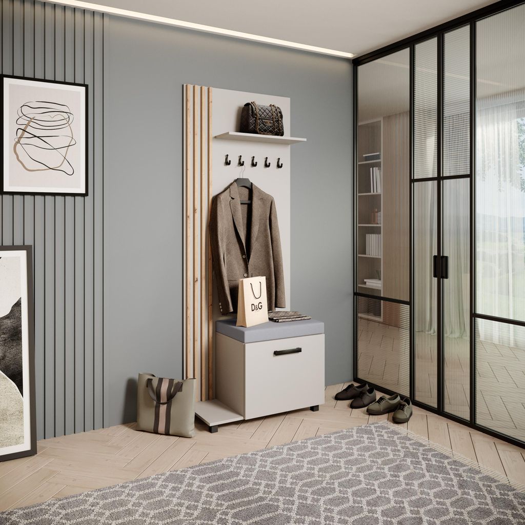 Garderobenschrank LIVIA - Hochschrank mit Aufhängern, Schuhschrank, Kaschmir, Lamellen in Eiche Artisan, Sitzkissen in Grau, Links