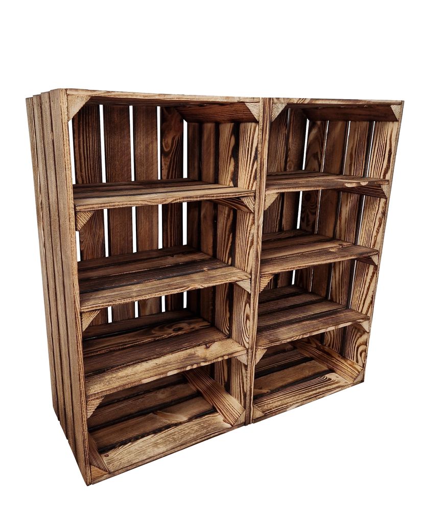 Holzkiste mit Zwischenbrett 75x40x30 cm 2er Set - Weinkiste Schuhregal 3 Ablagen - Geflammt