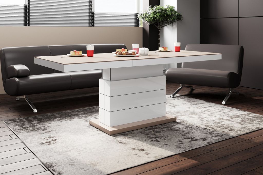 Design Couchtisch Tisch Matera Lux H-333 Cappuccino / Weiß Hochglanz höhenverstellbar ausziehbar Esstisch