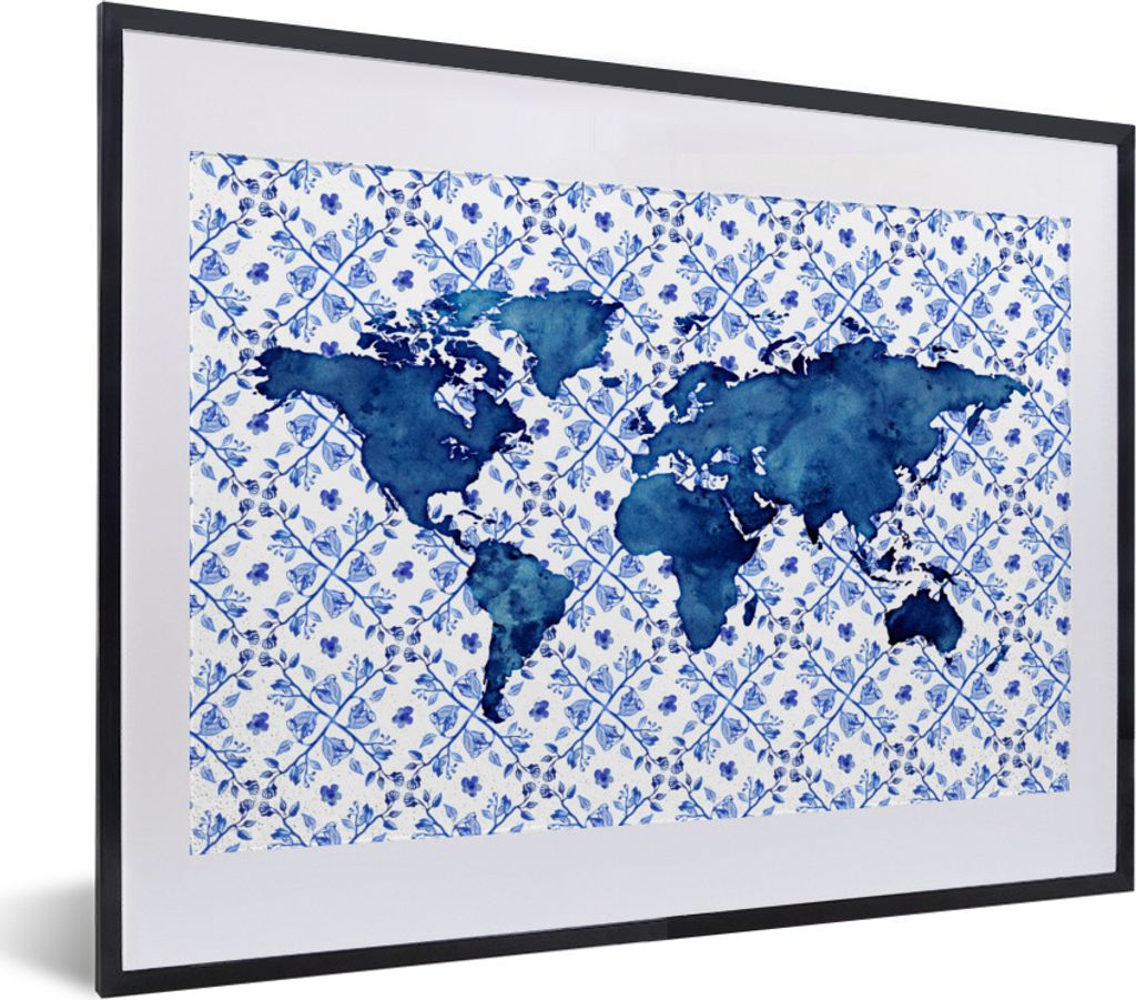 MuchoWow Gerahmtes Poster Delfter Blau Karte - Fliese 40x30 cm - Poster mit Schwarzem Bilderrahmen Wandposter Rahmen Foto Bilder - Bilderrahmen -...
