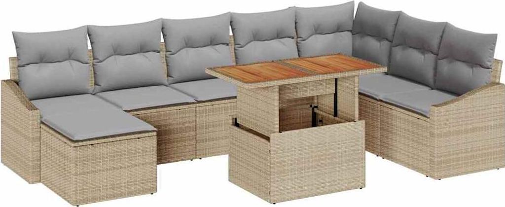 Garten-Sofa-Set mit Speicher 9 pcs Beige Poly Rattan