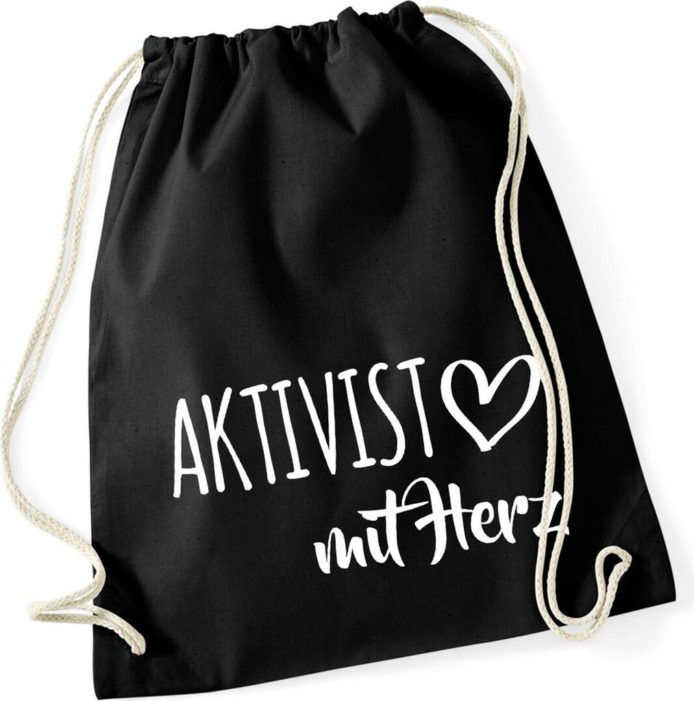 Huuraa Turnbeutel Aktivist mit Herz 12 Liter Black Baumwolle Rucksack Geschenkidee