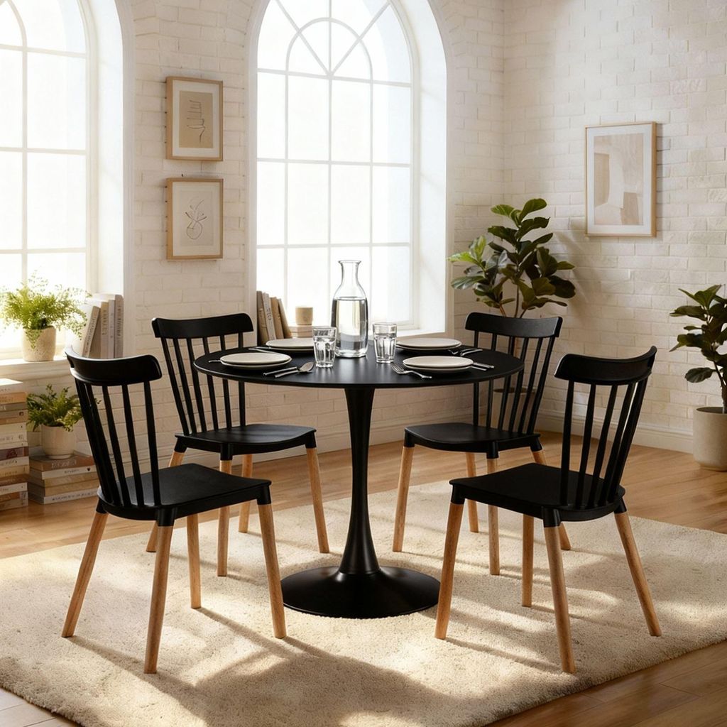 Essgruppe LOIRE/RAVI mit rundem Tisch und 4 Stühlen, Schwarz - Esstisch 100 cm mit 4 Stühlen, platzsparende Esszimmermöbel im modernen Landhaus-...
