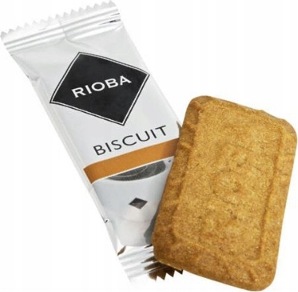 A single biscuit next to its wrapper, against a white background.