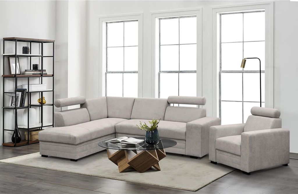 Ecksofa mit Sessel Roma modernes Eckgarnitur mit Sessel Schlafecke mit Bettkasten Kopfstützen, Stoff: vardo 04 - beige, Ottomane: links