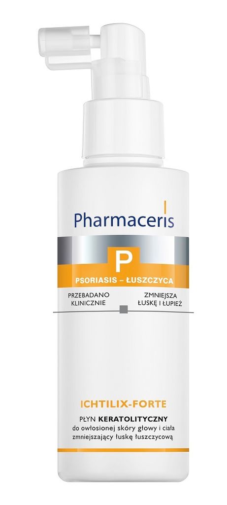 A white bottle of Pharmaceris P Ichtilix-Forte lotion with an applicator on top, set against a white background.