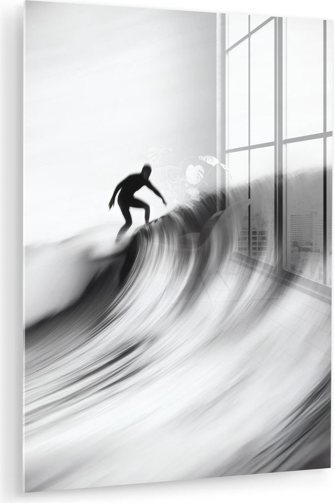 MuchoWow Glasbilder - Bilder auf Wandbild - Foto auf Glas Surfer - Welle - Verblasst - Schwarz 60x80 cm Wanddekoration aus Glas - Acrylglasbild - A...