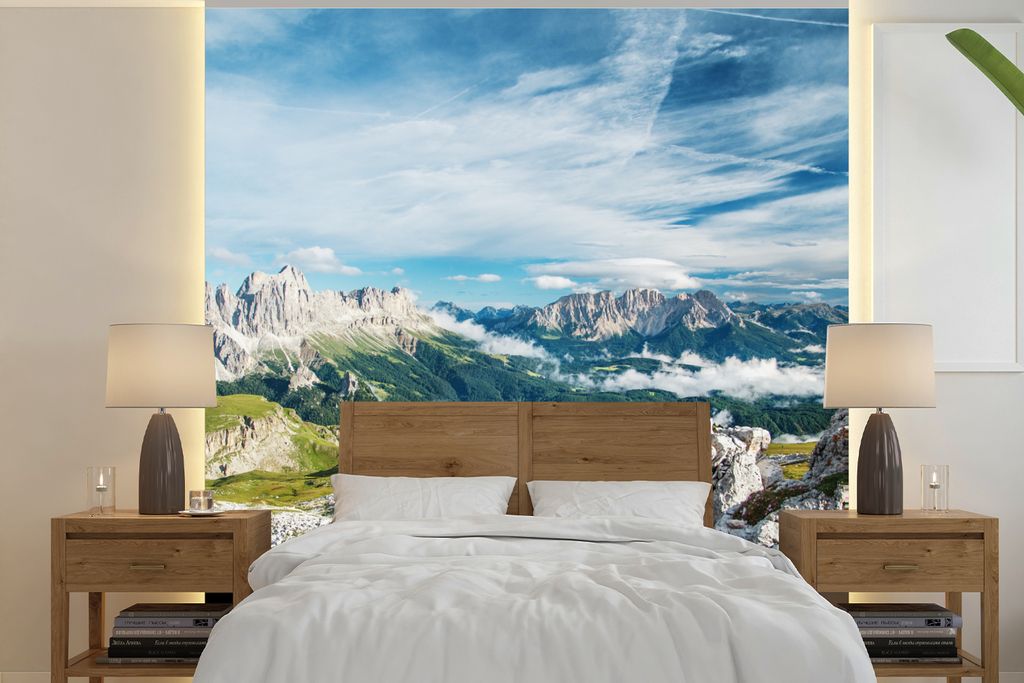 MuchoWow Fototapete für Wohnzimmer oder Schlafzimmer Wandtapete Vinyl Motivtapete Alpen - Felsen - Gras - 280x280 cm - Hintergrundbild