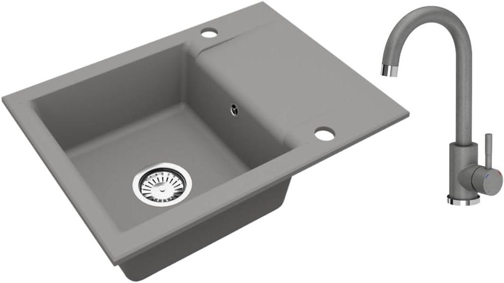 VBChome Granitspüle Grau 59 x 44 cm mit Armatur Einzelbecken Einbauspüle Reversibel Gesprenkelt Pflegeleichtes Spülbecken mit Siphon