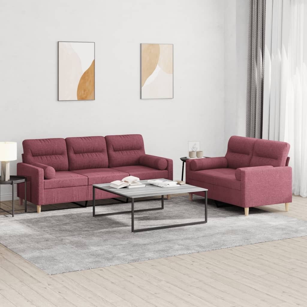 Cloris Designermöbel 2-tlg. Sofagarnitur mit Kissen Weinrot Stoff 2024 Neu