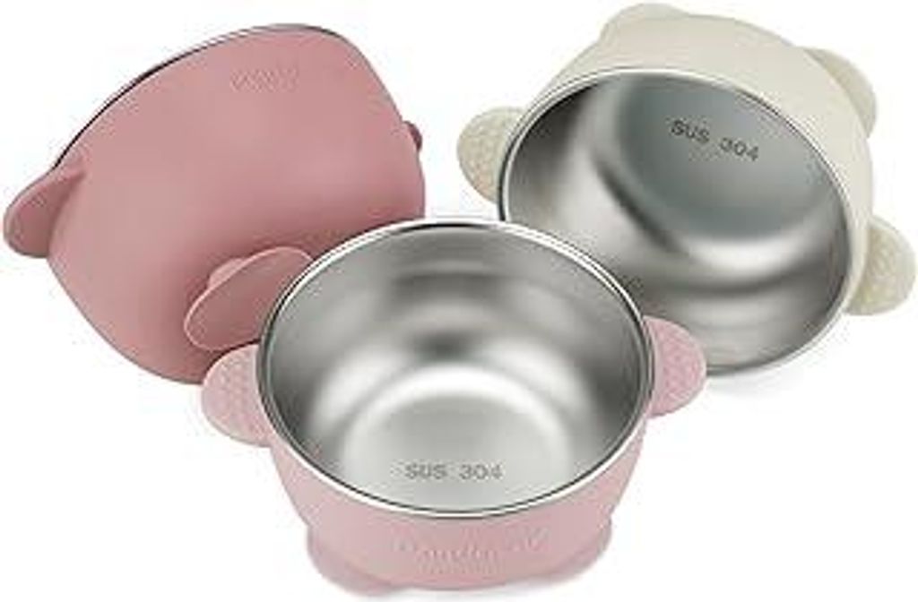 PandaEar 3er Set Edelstahl Baby Schüsseln mit Saugnapf – Breischale für Babybrei & Porridge, Rutschfeste Babyschüsseln mit Silikonhülle, Unze...
