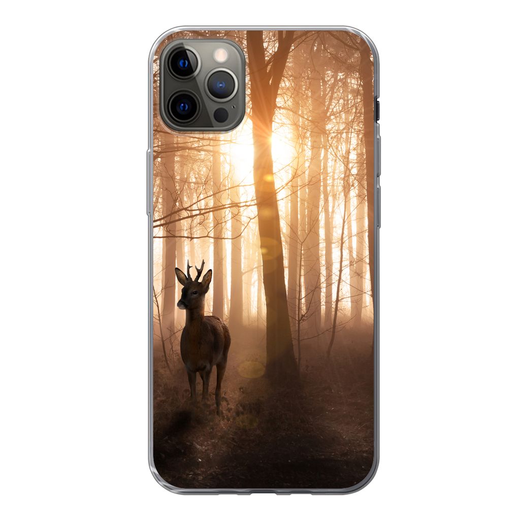 MuchoWow Handyhülle Schutzhülle Hülle für iPhone 12 Pro Max Wald - Hirsche - Sonne - Bäume - Winter - Natur - Tiere Silikon Softcase Handy H...
