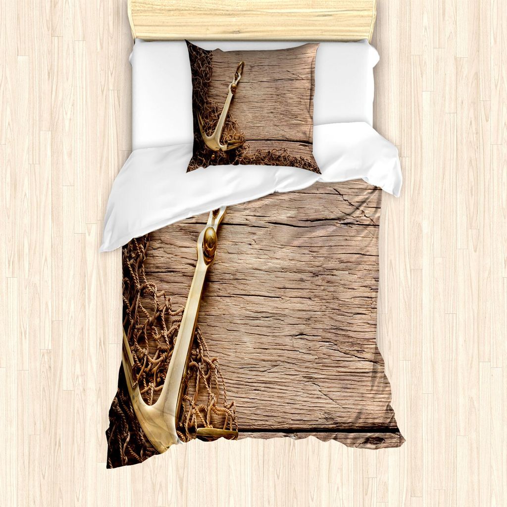 ABAKUHAUS Rustikal Bettbezug Set, Seeanker und Fischernetz auf Holzuntergrund Fischer Meer Themen, 135 x 200 cm + 80 x 80 cm, Brown und Kakao