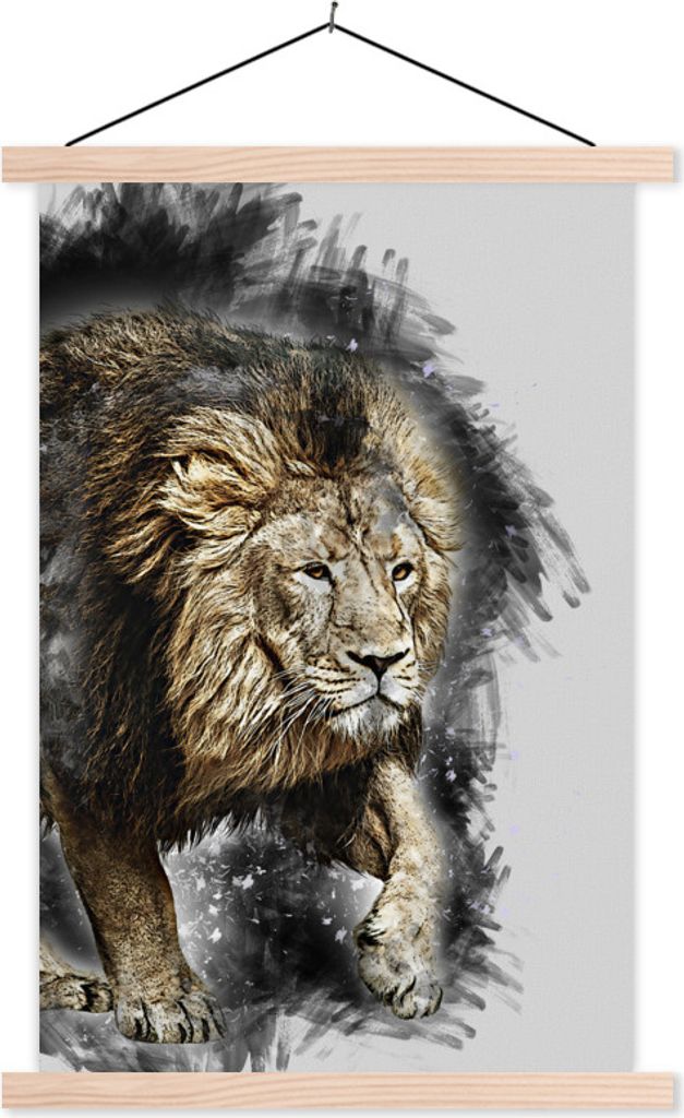 MuchoWow Textilposter Illustration - Löwe - Schwarz 60x90 cm mit holzfarbenen Rahmen - Textil