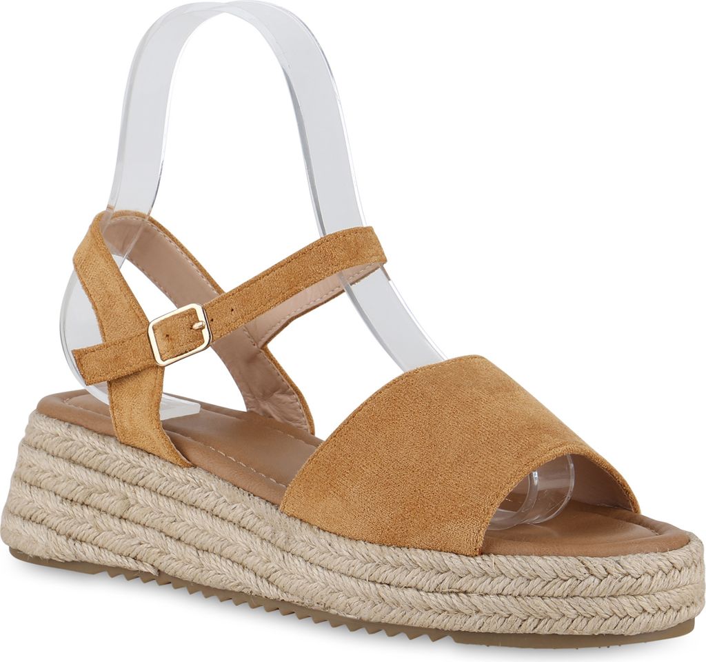 VAN HILL Damen Keilsandaletten Sandaletten Bast Profil-Sohle Schuhe 840999, Farbe: Hellbraun, Größe: 39