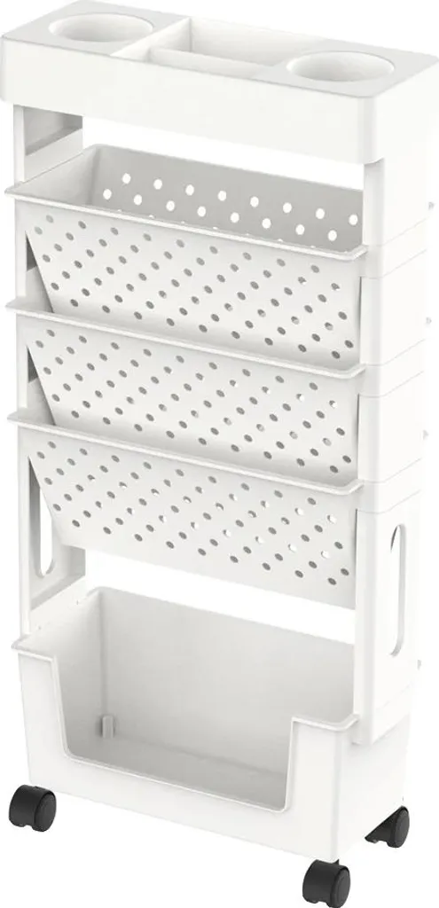 Bibliothèque mobile blanche avec structure robuste et roues pivotantes