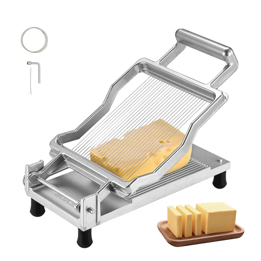 A cheese slicer with a block of cheese on it, and sliced butter in the foreground.