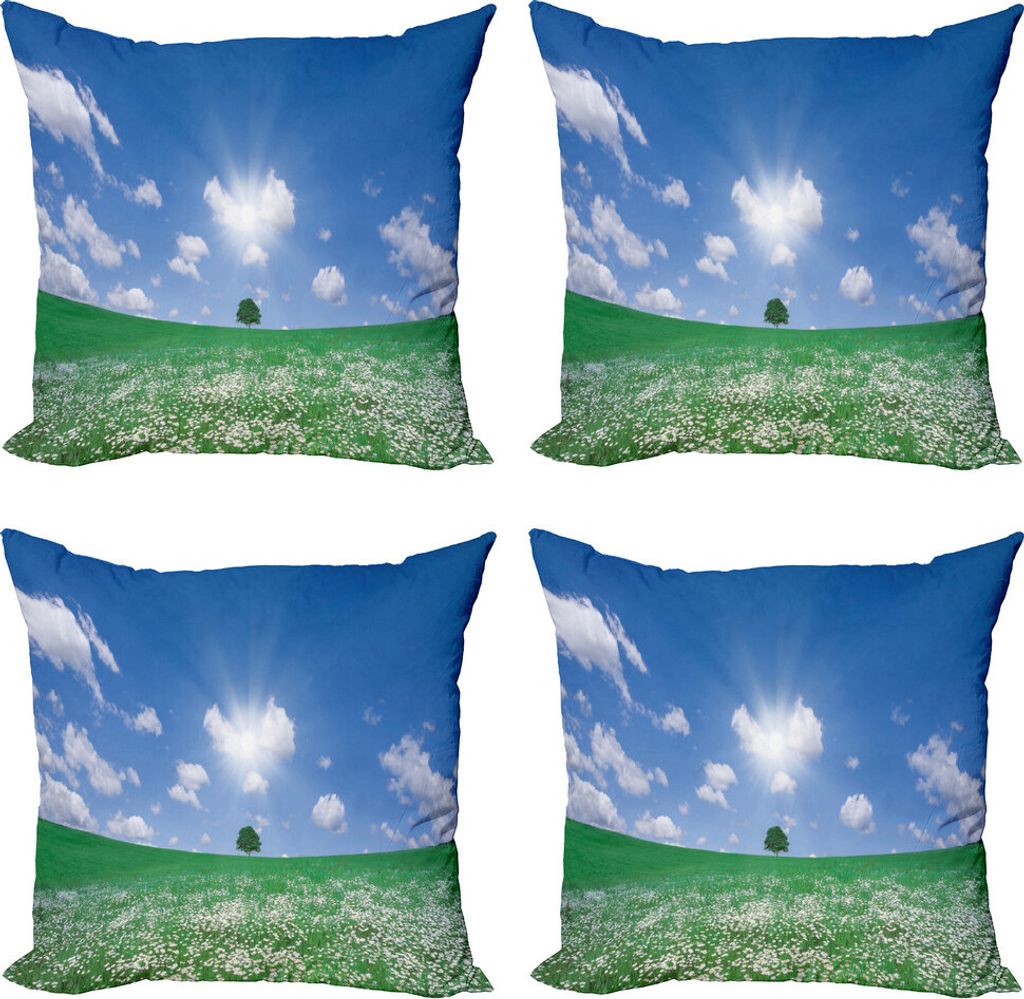ABAKUHAUS Blauer Himmel Kissenbezug Set (4 Stück), Blumenfeld Wiese, Moderner Doppelseitiger Digitaldruck, 40 cm x 40 cm, Forest Green Sea Blue