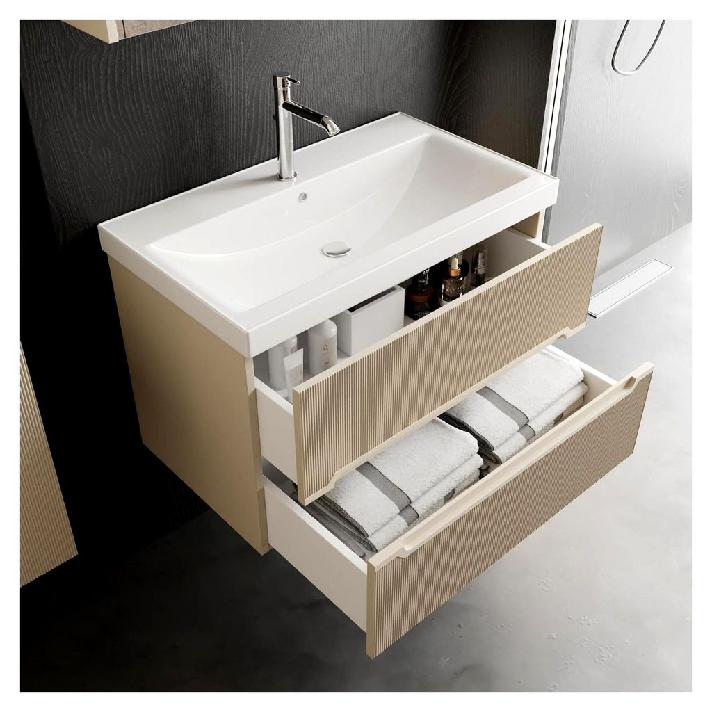 Badmöbel Set Bella 80 cm | Keramikwaschbecken | Unterschrank | Spiegelschrank | Softclose-Schubladen und -Türen | Riffeloptik und Griffmulden | E...