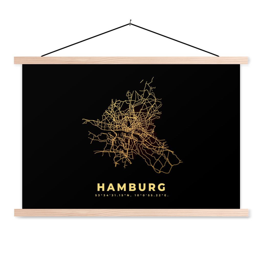 MuchoWow Textilposter Hamburg - Karte - Gold - Stadtplan 120x80 cm mit holzfarbenen Rahmen - Aufhängeset