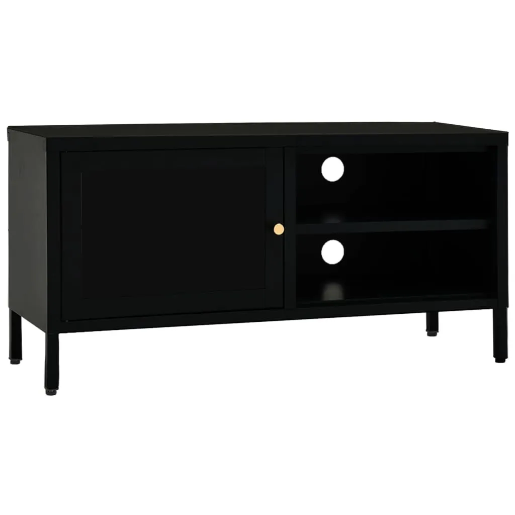 Meuble TV industriel noir 90 cm avec étagère en verre et cadre acier