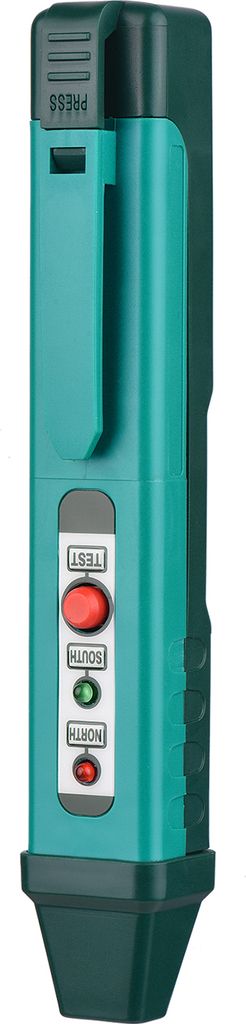 A teal and dark green polarity tester pen is shown against a white background.