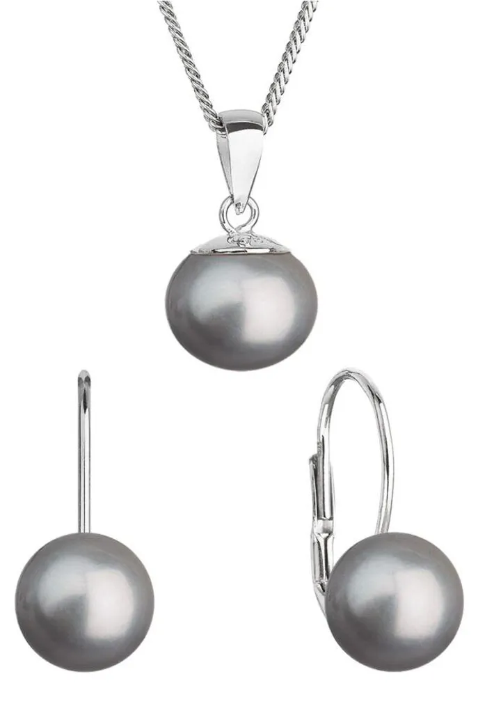 Parure de mariage perles grises et argent : collier et boucles d'oreilles