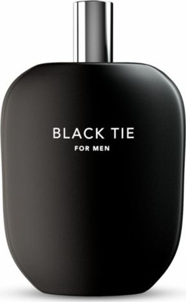 A black perfume bottle with a silver cap is shown against a white background.