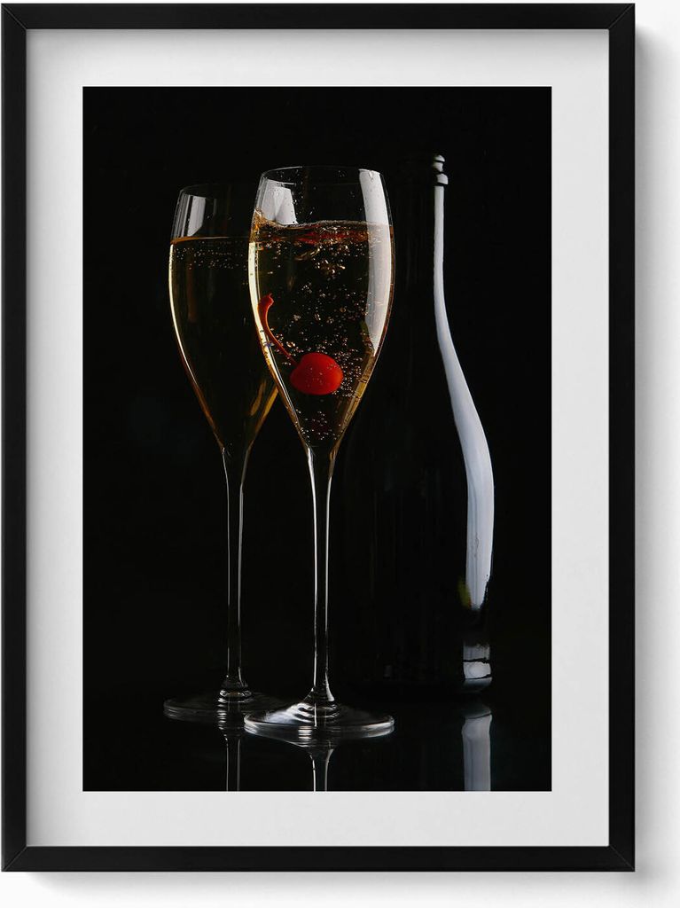 Champagner-Gläser– Wandbild mit Rahmen – Gerahmtes Bild – Wanddekoration – 50x70 cm – Schwarz Rahmen