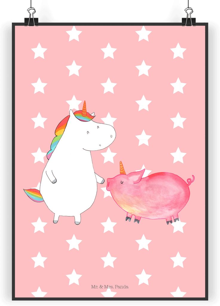 Mr. & Mrs. Panda Bild Einhorn Schwein DIN A4 - Rot Pastell - Geschenk, Freundin, Schweinchen, wandkunst, wanddeko, Kunstdruck, Plakat, Unicorn, dru...