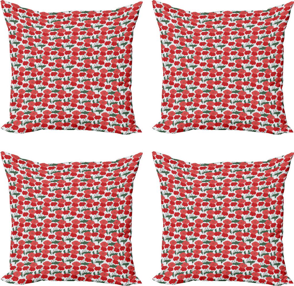 ABAKUHAUS Mohn Kissenbezug Set (4 Stück), Blühende Blumen des Frühlings, Moderner Doppelseitiger Digitaldruck, 50 cm x 50 cm, Coral Vermilion Grün