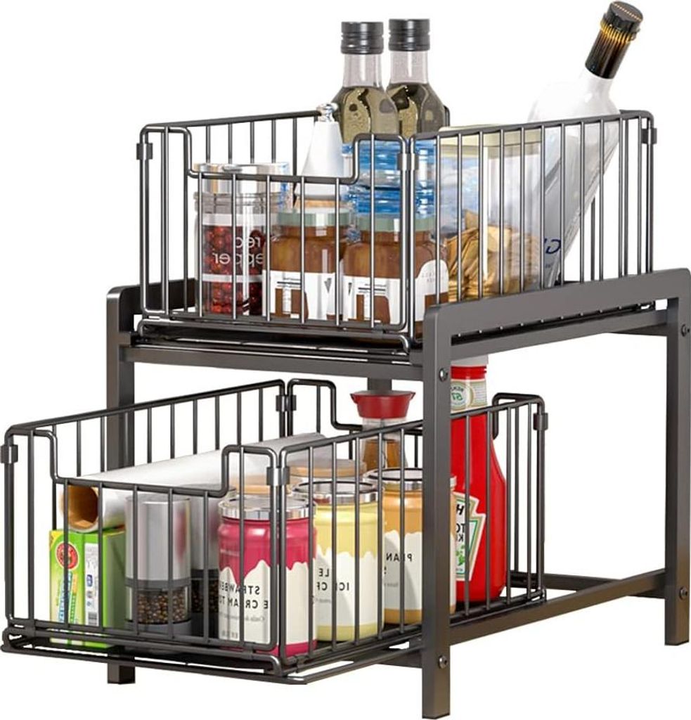 Kitchen Shelf with 2 Basket Slides, Base Cabinet Shelf, 2 Levels, Spice Rack, Stainless Steel, Sliding Drawer, Storage, Bathroom Organiser for Home...