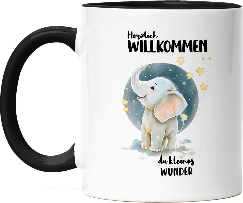 Herzlich willkommen du kleines Wunder Tasse Schwarz Elefant Geburt Geschenk Hallo Baby