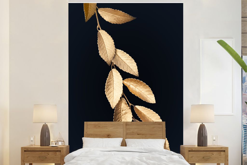 MuchoWow Fototapete für Wohnzimmer oder Schlafzimmer Wandtapete Vinyl Motivtapete Baum - Blatt - Gold - 180x280 cm - Wallpaper