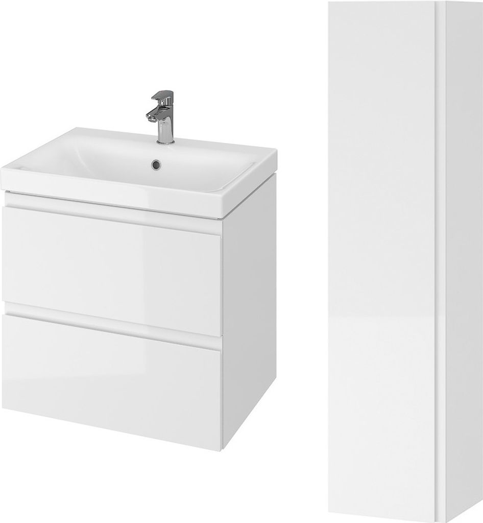 BADLAND Badmöbel Set MODUO 60 Waschbecken-Unterschrank, Hochschrank 160x40x34, Türen mit Spiegel, Weiß