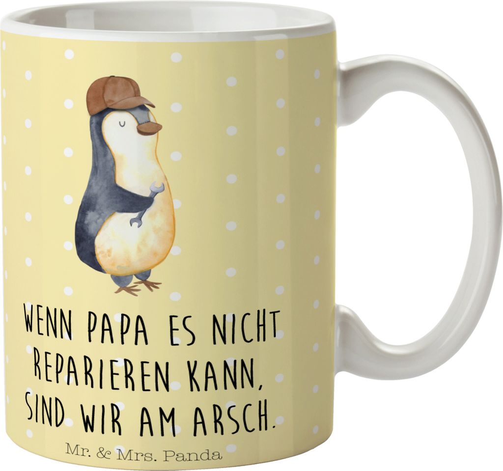 Mr. & Mrs. Panda Kaffeebecher Wenn Papa es nicht reparieren kann, sind wir am Arsch - Gelb Pastell - Geschenk, Kaffeetasse, Keramiktasse, Handwerke...