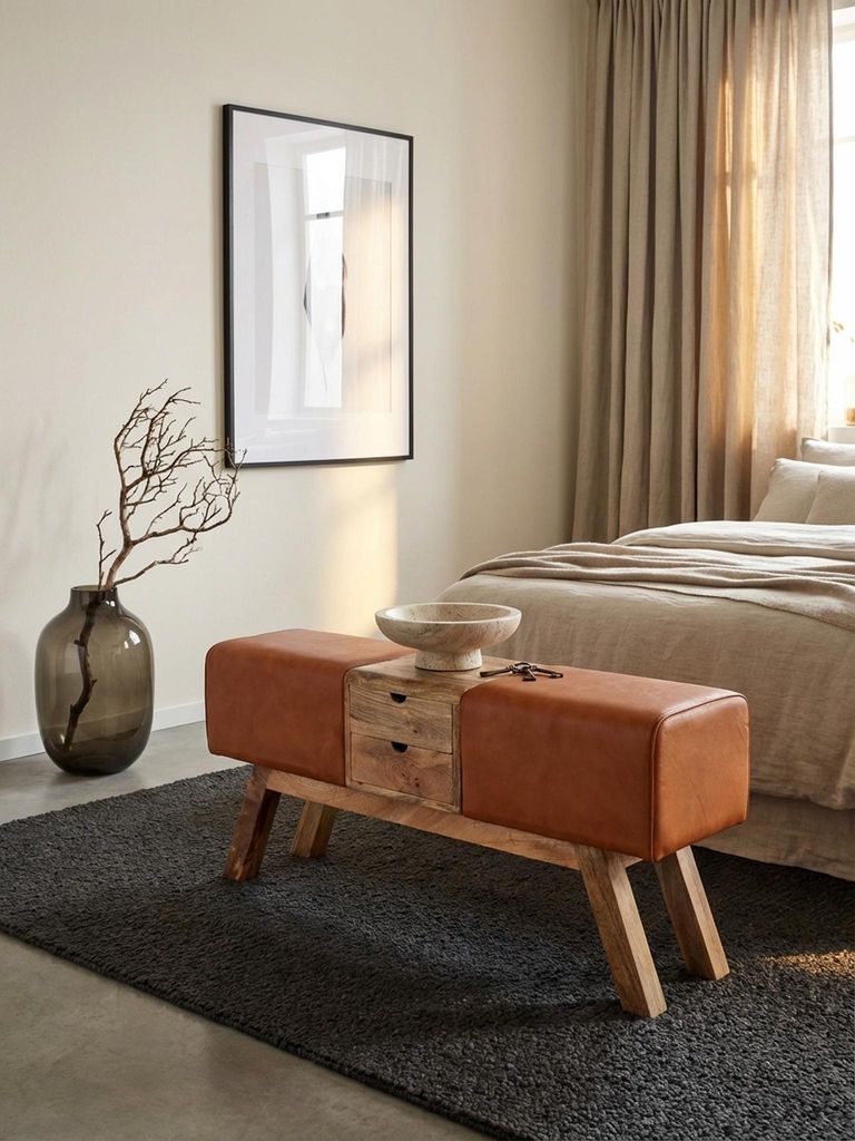 Design Turnbock Sitzbank Braun mit Schubladen 120x56x30 cm, Turnhocker Bank aus Echtleder mit Stauraum, Hocker Garderobenbank Sitzhocker Springbock...