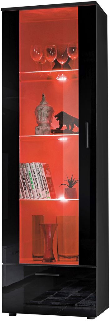 Komodee, Vitrine Schrank Alessandria, Schwarz/Schwarz, Breite 60cm x Höhe 192cm x Tiefe 42cm, 3 Glasböden, 1 Regal aus laminierter Platte, für W...
