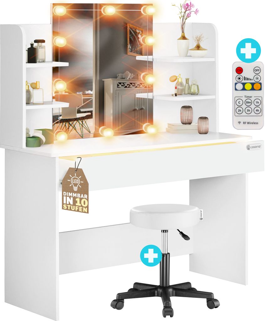 CASARIA Schminktisch Lucia mit Hocker Schublade 3 Fächer inkl. Distanzsensor Spiegel 4 offene Ablagen Frisiertisch Kosmetiktisch 108x40cm Weiß,...